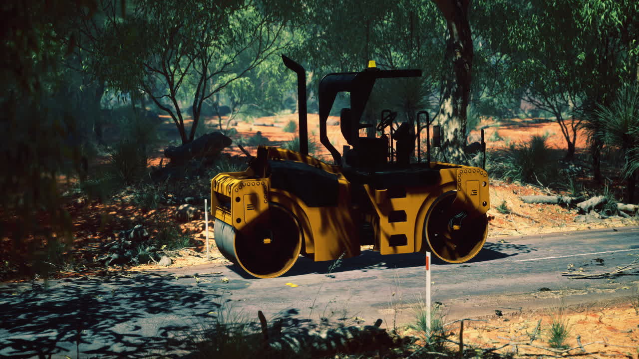 Heavy machinery operates under a vibrant canopy in a sunlit clearing