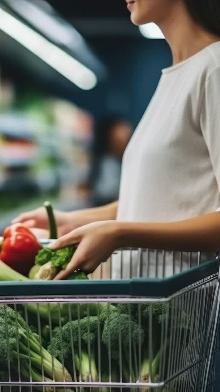 Close-up video shot of a person selecting fresh produce in a grocery store, emphasizing healthy