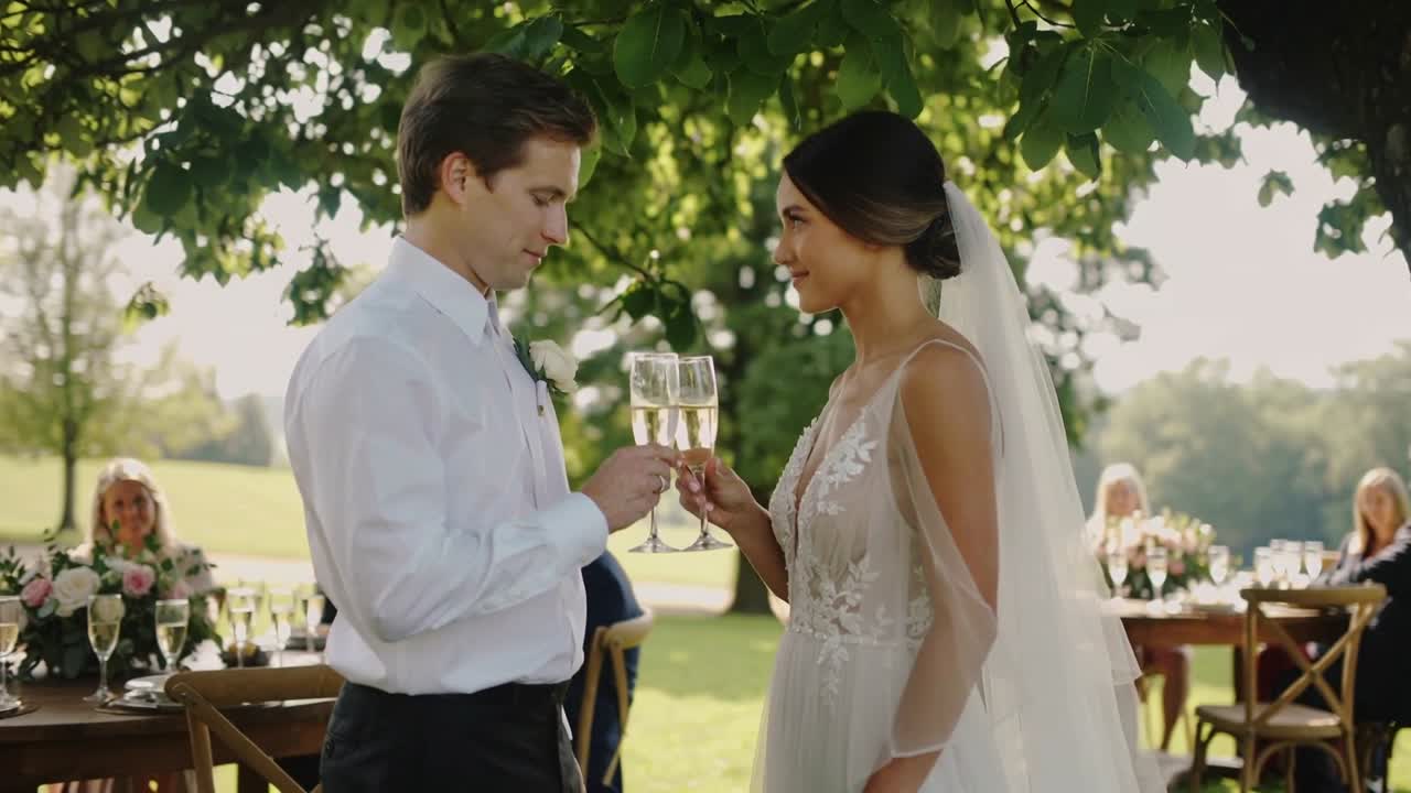 Par med øjenkontakt skåler med champagneglas under træ, brud i slør, gæster ser på
