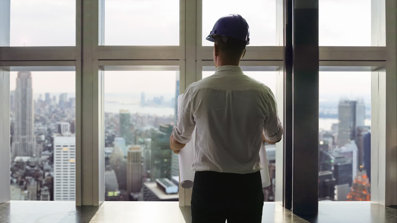 arquitecto con planos mirando la vista de la ciudad