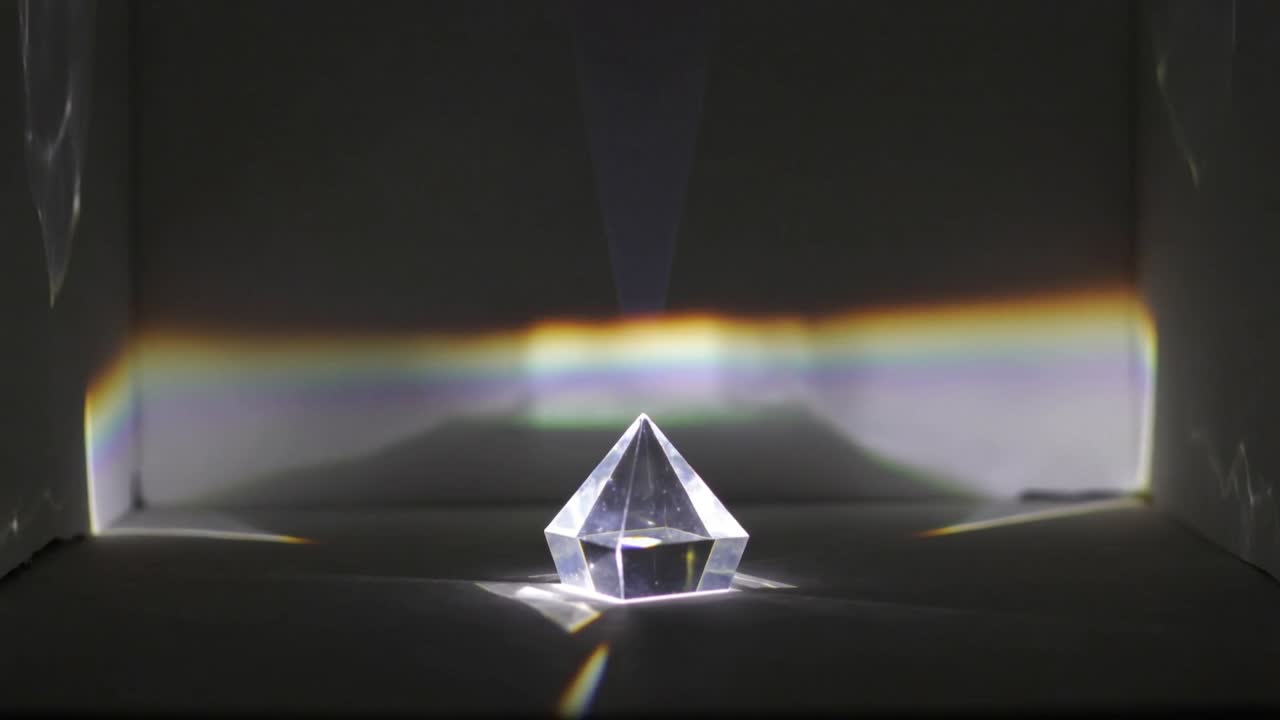 Projecting focused white light hitting clear faceted prism inside white box, casting rainbow band