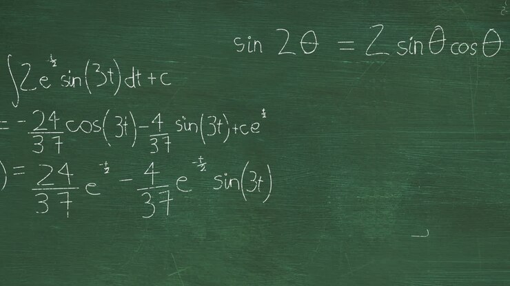 Animation of layers of mathematical formulae and equations over green chalkboard