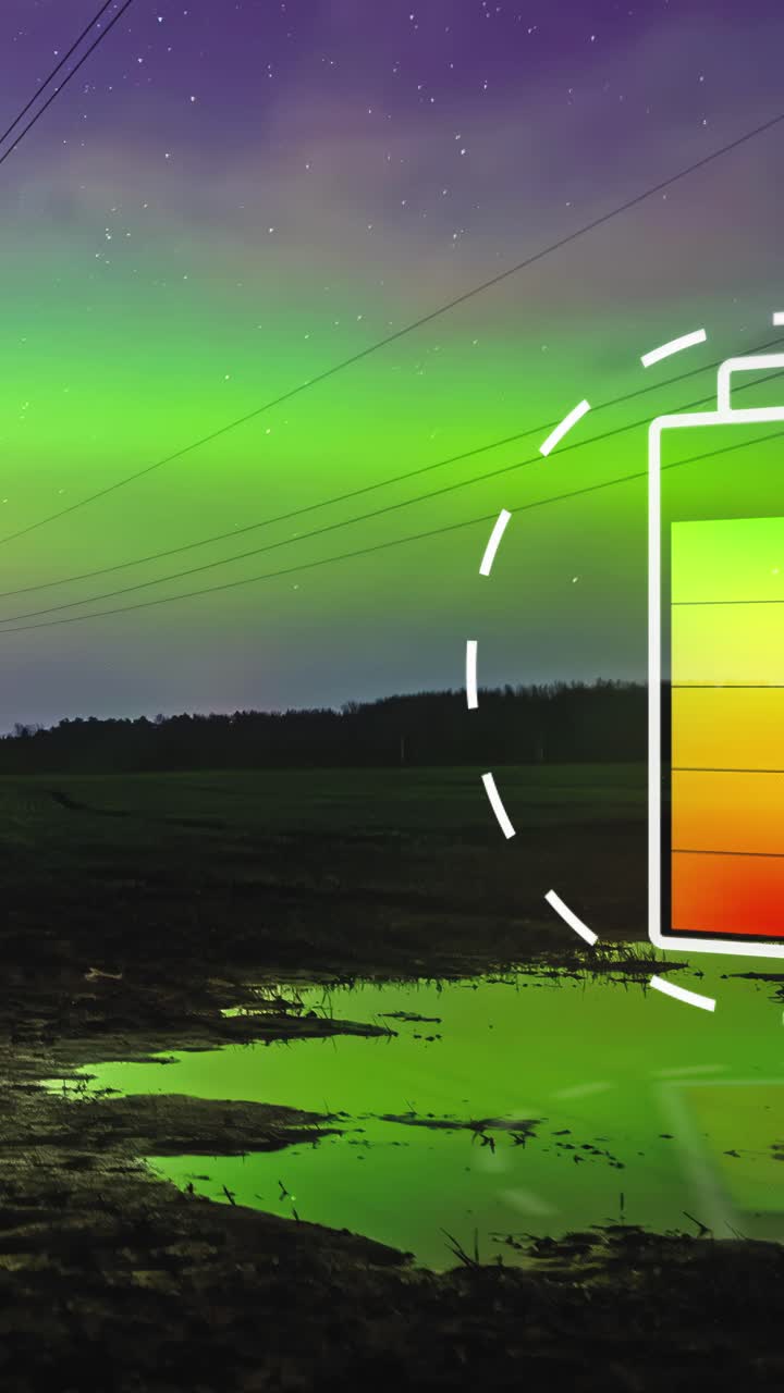 paisaje nocturno con aurora boreal y icono de carga de batería