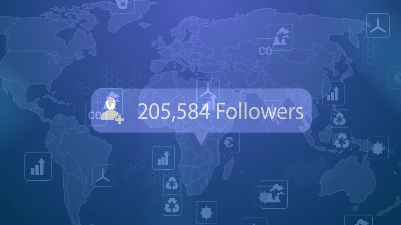 Animation of profile icon with increasing followers and multiple digital icons against world map