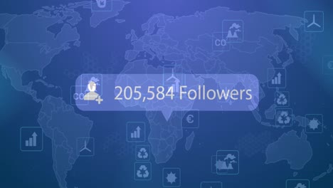 animation of profile icon with increasing followers and multiple digital icons against world map