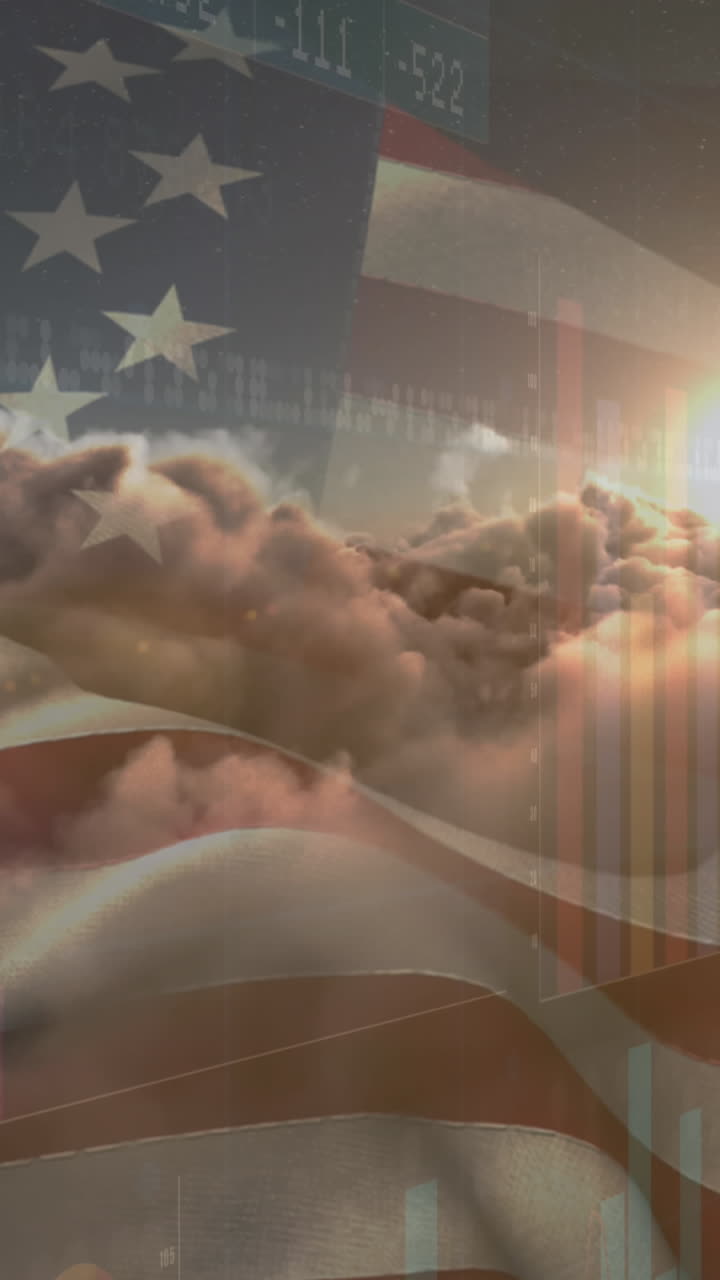 animación del procesamiento de datos sobre nubes y bandera de américa