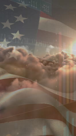 animación del procesamiento de datos sobre nubes y bandera de américa