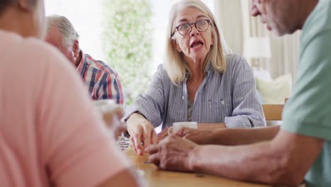 Diverse-group-of-happy-senior-male-and-female-friends-talking-in-living-room,-slow-motion