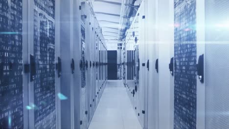 animation of green hexagon rotating and lights over servers