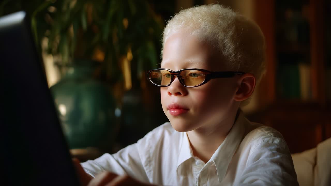 Joven concentrado con gafas usando un portátil en un ambiente interior cálido, destacando la curiosidad y la concentración en el aprendizaje y la exploración