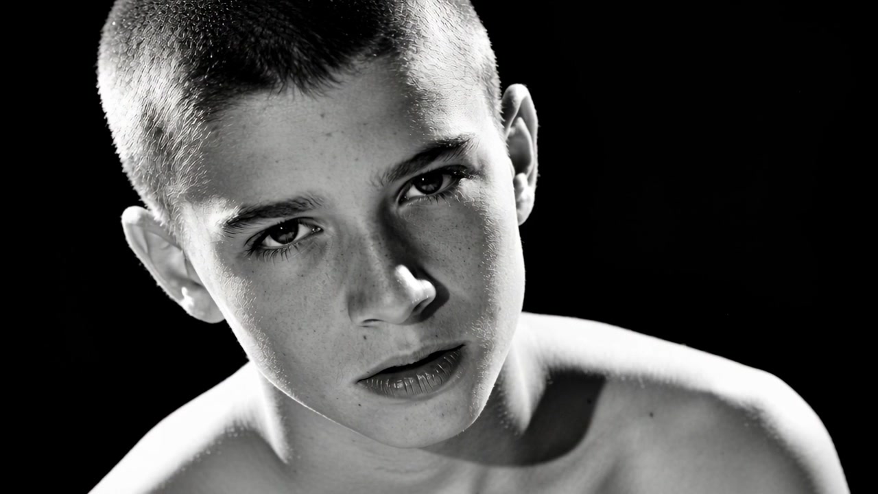 Adolescente maschio a torso nudo, rivolto verso la telecamera, che esegue sottili micro-movimenti facciali in studio.