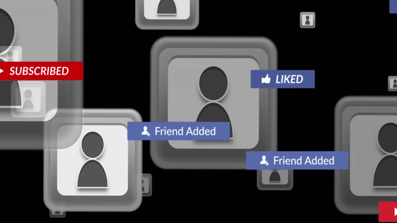 검은 바탕 위에 떨어지는 소셜 미디어 아이콘과 이모티콘의 애니메이션