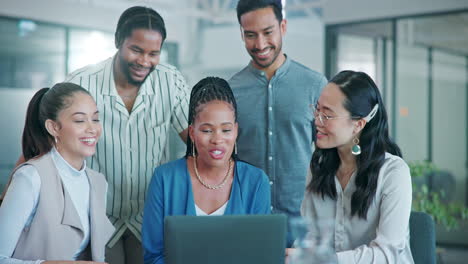 business meeting, happy or people on laptop