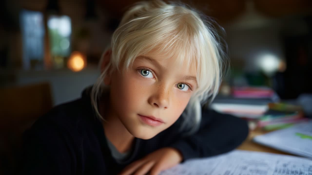 Un bambino riflessivo guarda intensamente, mostrando curiosità e innocenza, circondato da appunti e disegni in un ambiente interno caldo e invitante