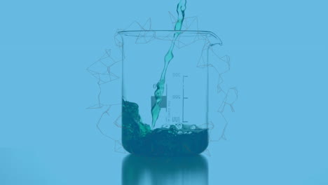 animación de formas giratorias sobre el fluido que se vierte en la taza de medición sobre fondo azul