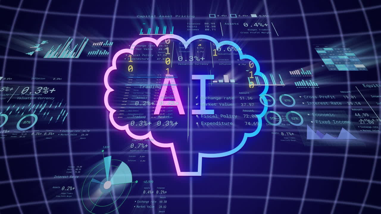 AI text animation over digital data and graphs on grid background