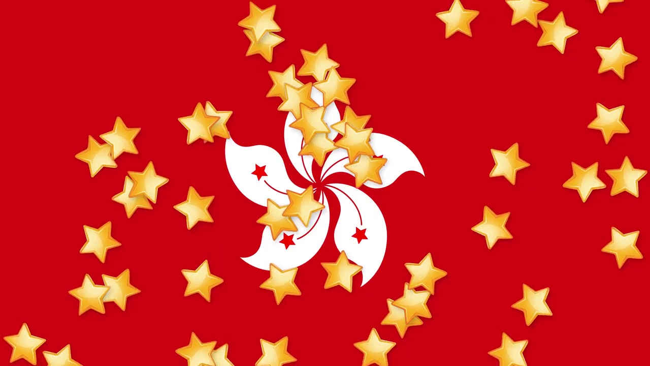 Stelle dorate animate cadono continuamente su uno sfondo rosso con un emblema floreale bianco