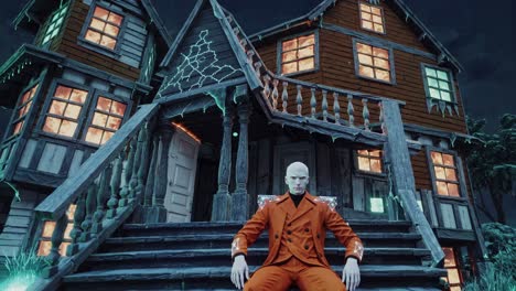 man in an orange coat in front of a haunted house