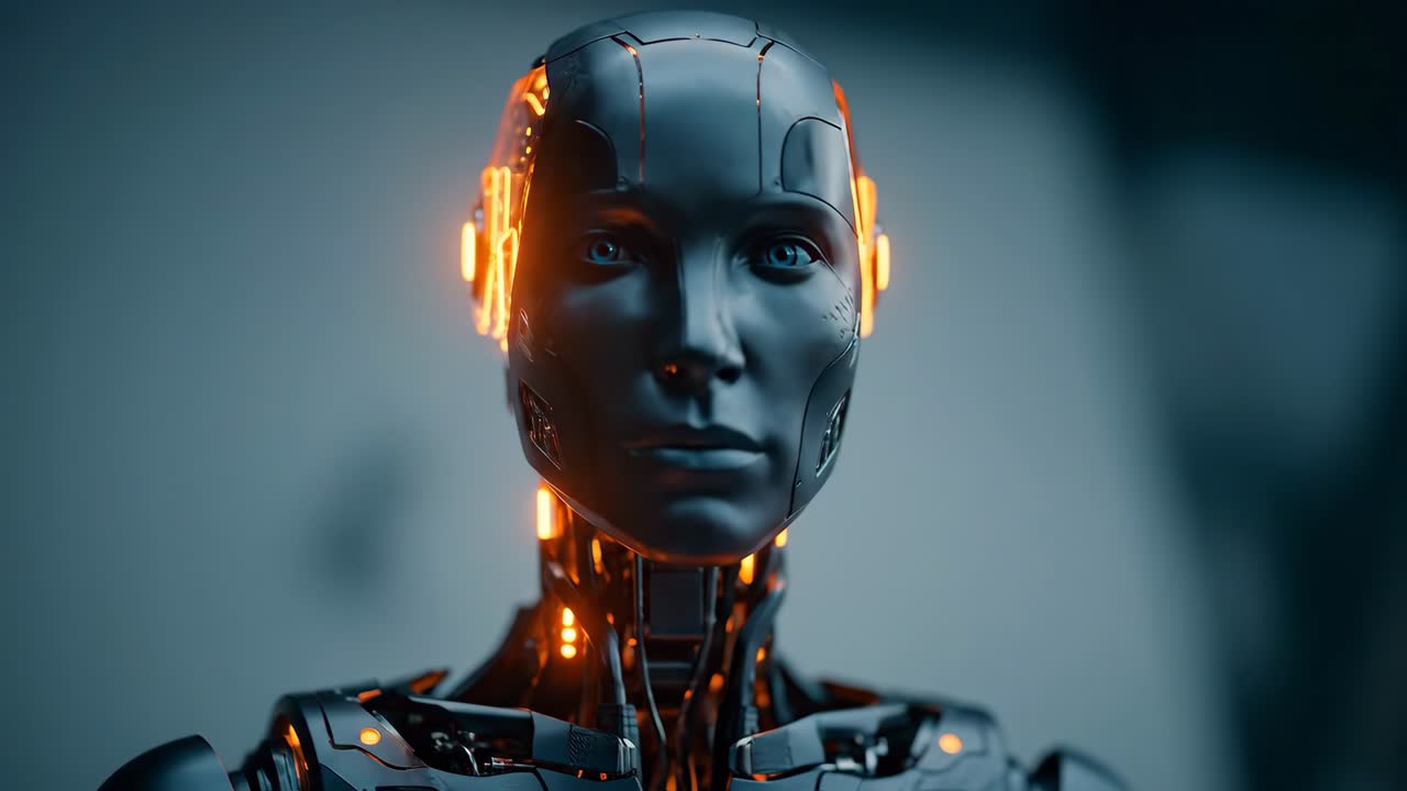 testa di robot futuristica con circuiti arancioni fluorescenti