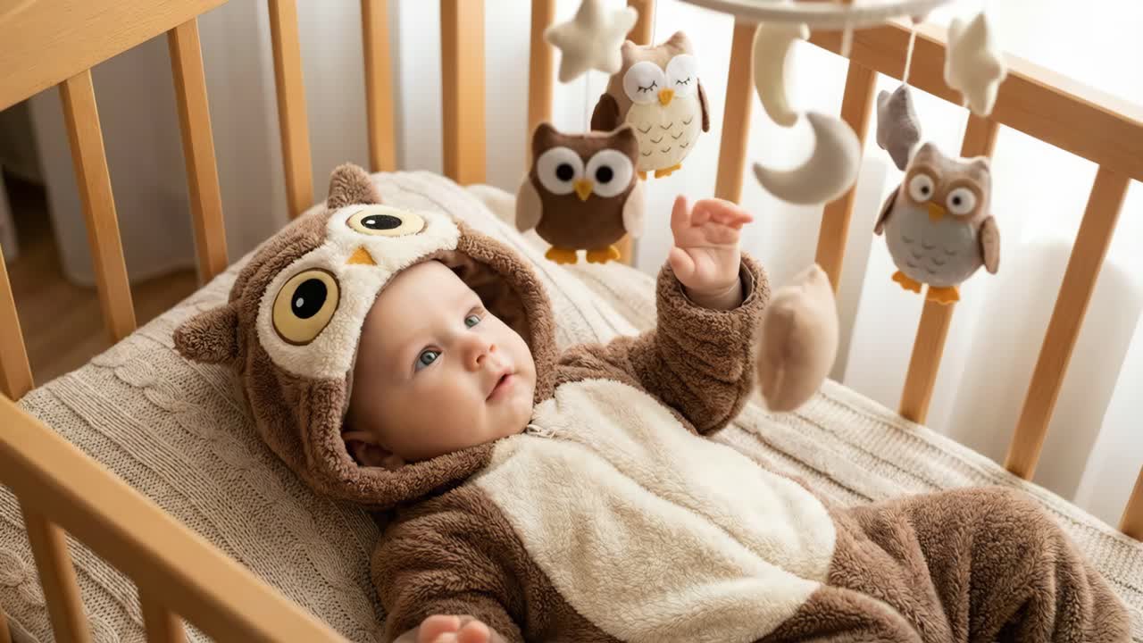 Neonato in un costume da gufo in una culla con giostrina a forma di gufo