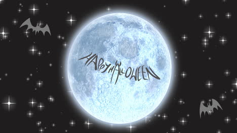 animation of happy halloween text over moon and night sky