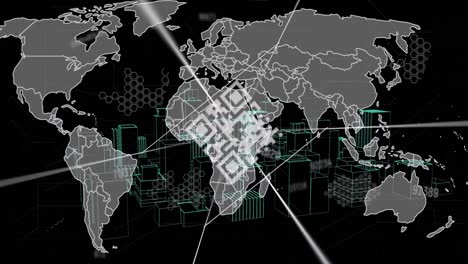 Animación-De-Números-Cambiantes-Sobre-Código-Qr-Y-Mapa-Mundial-Contra-Un-Modelo-De-Ciudad-Giratorio-En-3D