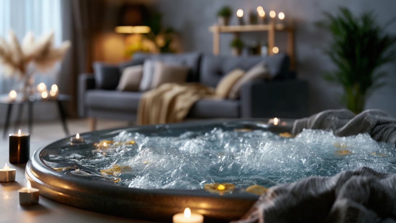 Ritiro spa rilassante: Una serena scena di vasca da bagno con bolle invitanti, illuminazione soffusa e arredamento accogliente per il massimo comfort e tranquillità.