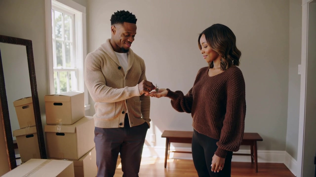 Offering man in cardigan placing key ring into woman in sweater during move home with boxes