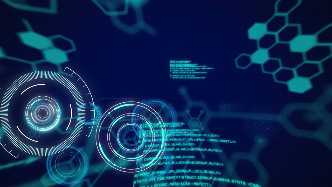 Animation of multiple 6g text banners, round scanner and data processing against blue background