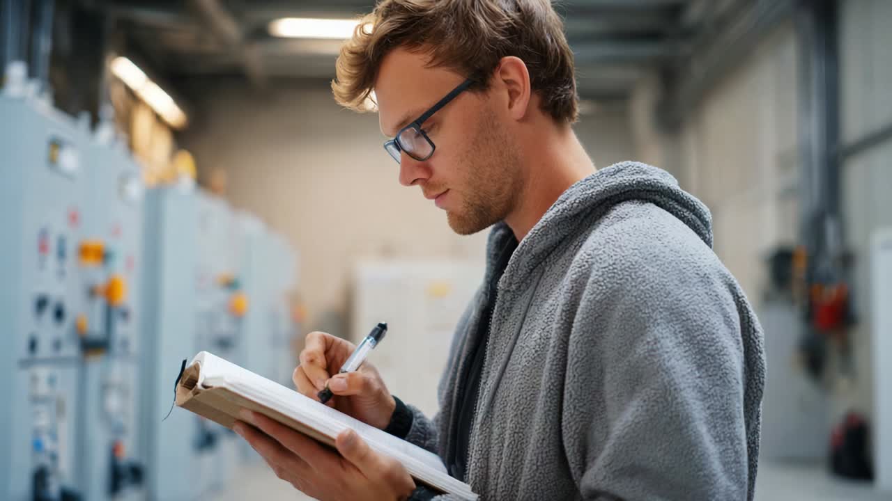 Persona concentrata che prende appunti in un ambiente industriale, che abbozza osservazioni con una penna su un notebook, circondata da attrezzature in uno spazio di lavoro luminoso, che mostra concentrazione e professionalità