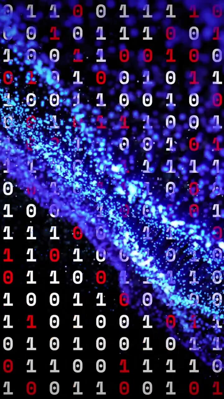 Animation of binary coding over glowing spots on black background
