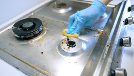 clean stove with sponge and gloves. a person in blue gloves scrubs a greasy stove top with a sponge, eliminating food residue in a kitchen setting