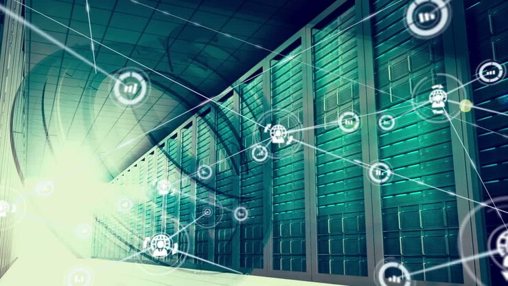 Animation of network of connections with icons over server room