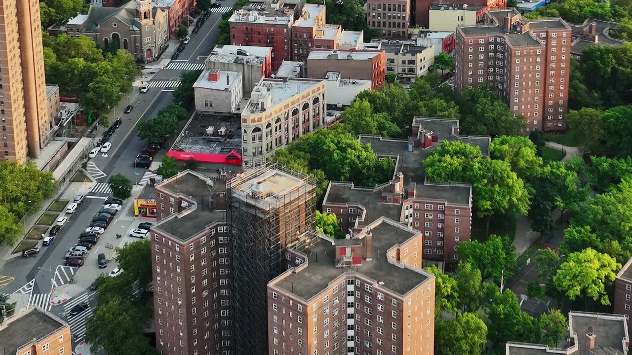 Aerial view of neighborhoods in New York showing urban life and greenery