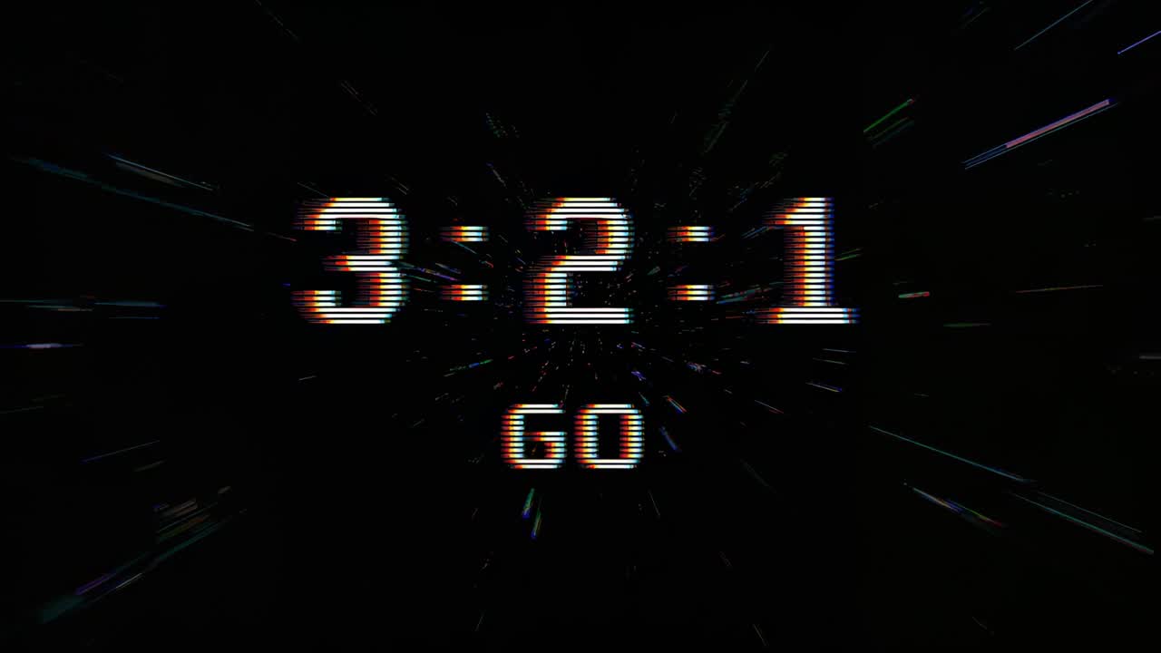 Playing countdown 3:2:1 with GO on black screen, pulsing scanlines and particles signaling start
