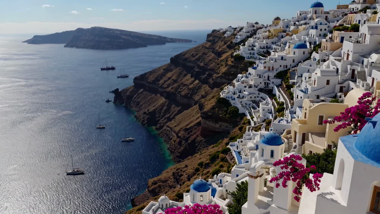 Aerial video captures stunning cliffside white and blue architecture of Santorini, Greece