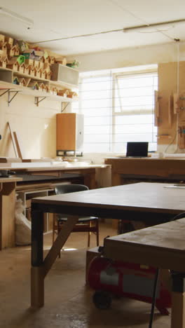 a woodworking workshop interior bathed in natural light