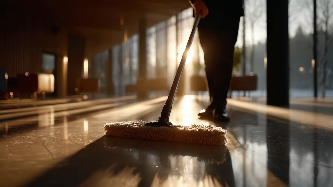 Illuminated Reflections: A Worker Mops the Floor in a Modern Space, Emphasizing Cleanliness and the Play of Light in a Serene Ambiance