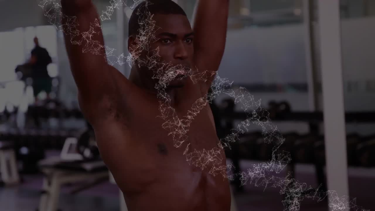 animación de la hilatura de cadenas de adn y procesamiento de datos sobre el ejercicio del hombre fuerte