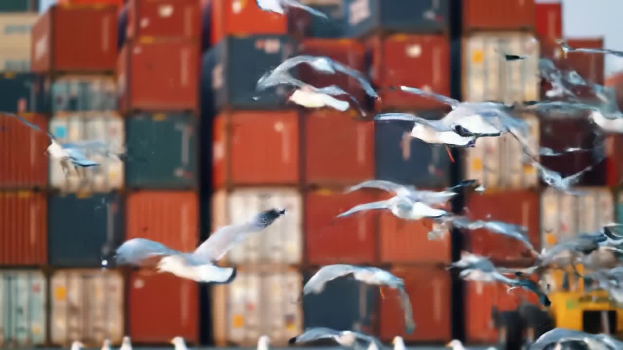 Flocks of seagulls soar gracefully above colorful shipping containers at a busy port. The warm hues of sunset illuminate the scene, creating a vibrant backdrop for the bustling activity.