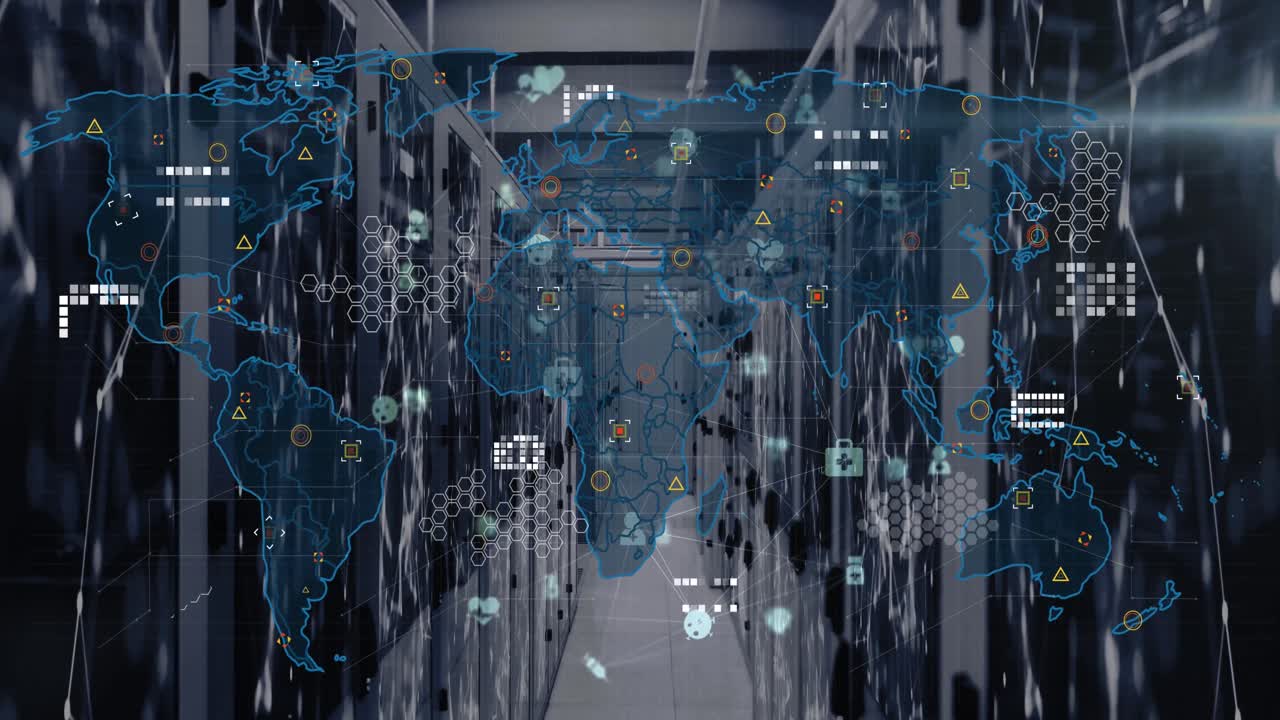 Animation of globe of digital icons, world map and data processing against computer server room