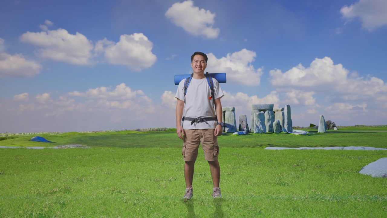 Smiling Hiker at Historical Monument