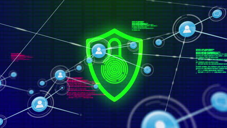 cybersecurity shield with network connections, processing data in animated visual