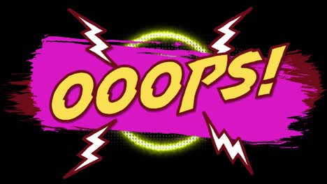 animación de texto ooops sobre círculos de neón sobre fondo negro
