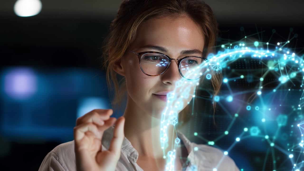 Ung kvinne interagerer med et glødende digitalt grensesnitt. Briller reflekterer lys mens hun gestikulerer ettertenksomt. Myk fokusert bakgrunn fremhever en futuristisk teknologisk atmosfære.