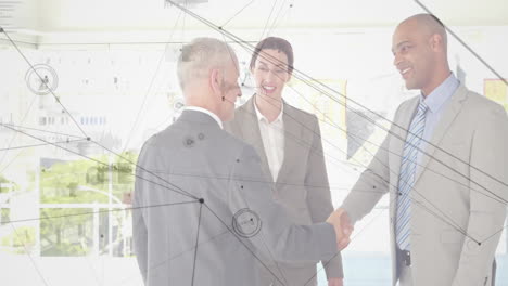 Business-people-shaking-hands,-network-connections-animation-over-office-background