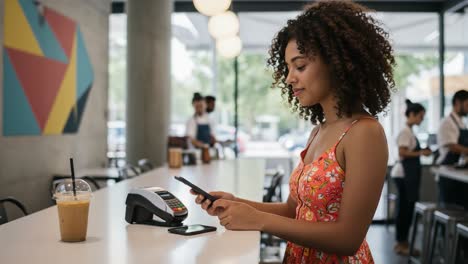 a young woman engaged in mobile payment at a modern café, showcasing the blend of technology and daily life in a vibrant social setting