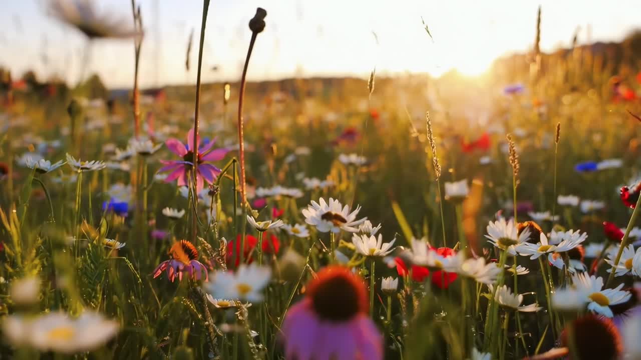 A serene video of wildflowers at sunset, captured from a low angle, highlighting nature's beauty