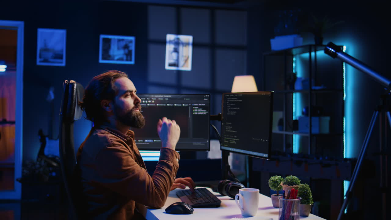 IT admin thinking and drinking coffee while working on PC early in the morning