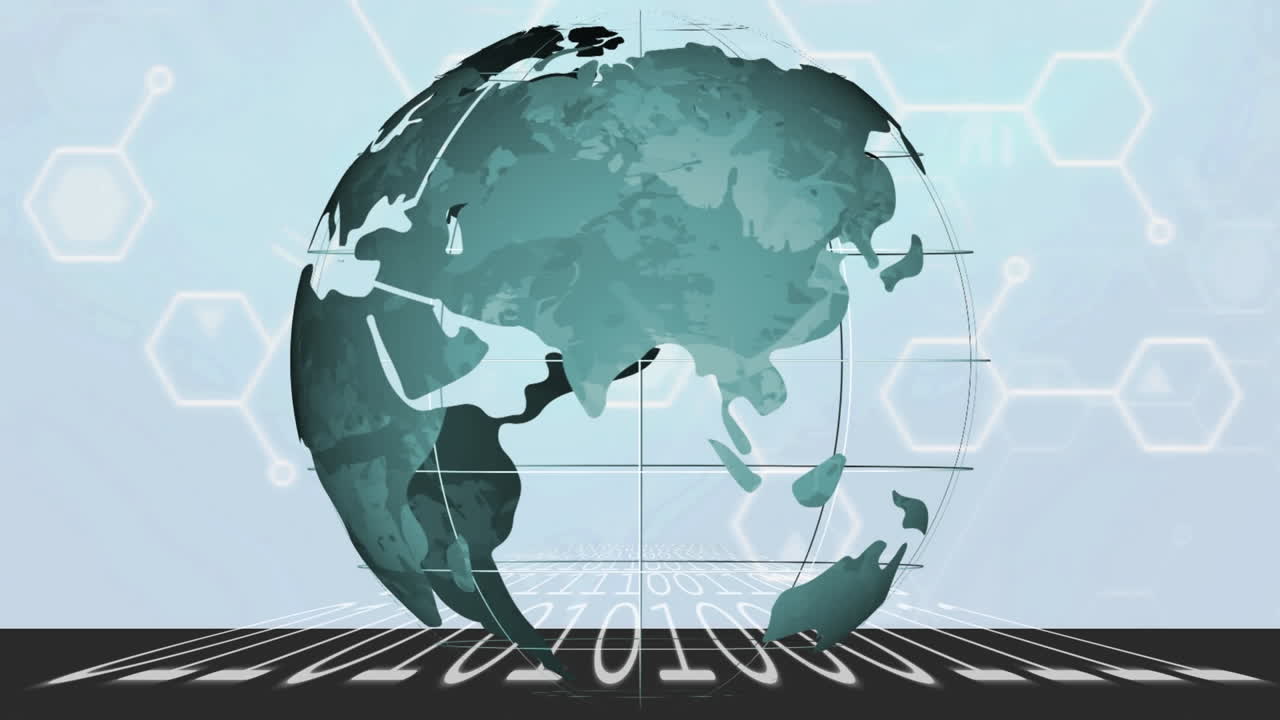 전 세계 연결 네트워크의 애니메이션과 바이너리 코딩 데이터 처리